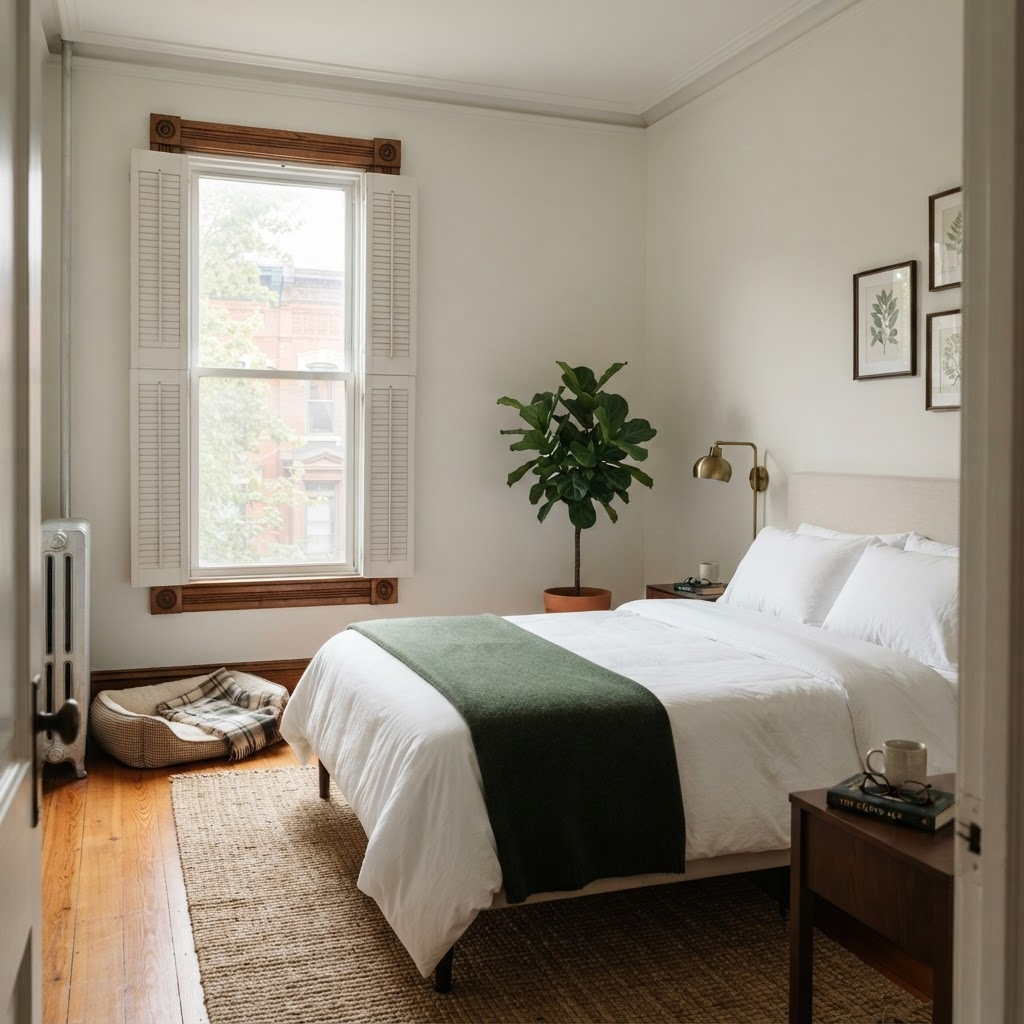 Bedroom with a queen bed, white linens and a green wool blanket, shuttered window, and a dog bed by the radiator