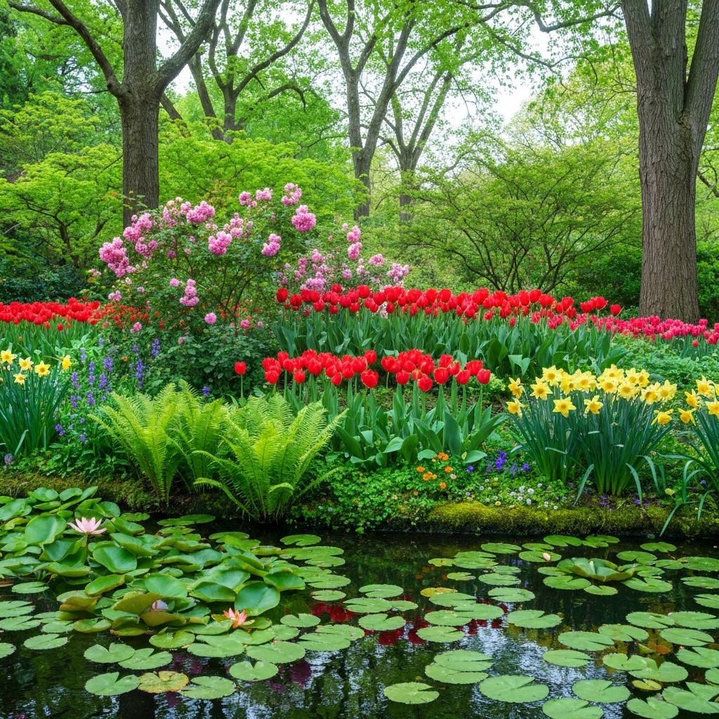 Tulips, daffodils, and lily pads in bloom at the Missouri Botanical Garden