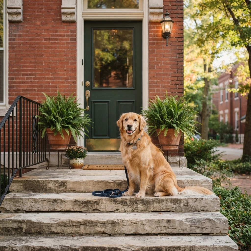 A golden retriever sitting on the limestone front steps beside the forest-green front door, leash resting on the step