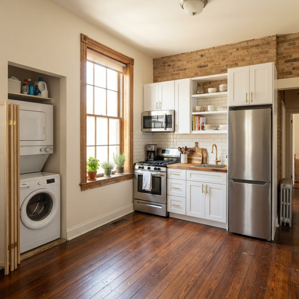 Kitchen with white cabinets, gas range, full-size refrigerator, and a stacked washer and dryer in an alcove