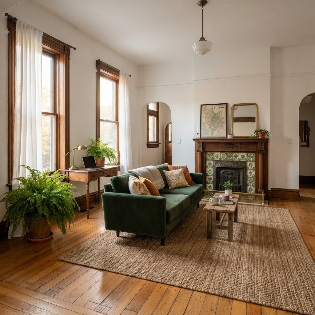Living room with tall wood-trimmed windows, a forest-green sofa, a tiled fireplace, and a writing desk by the window