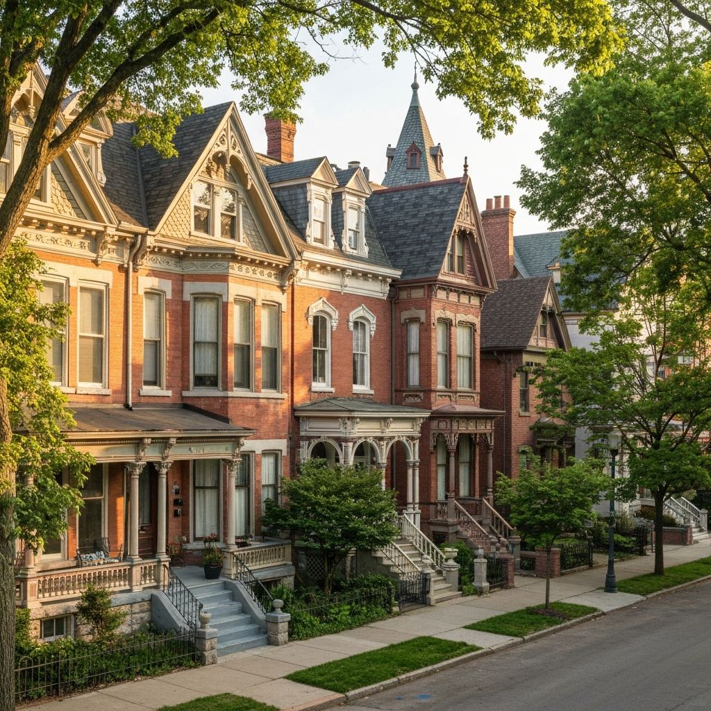 A row of restored Victorian brick houses on a tree-lined street in Shaw