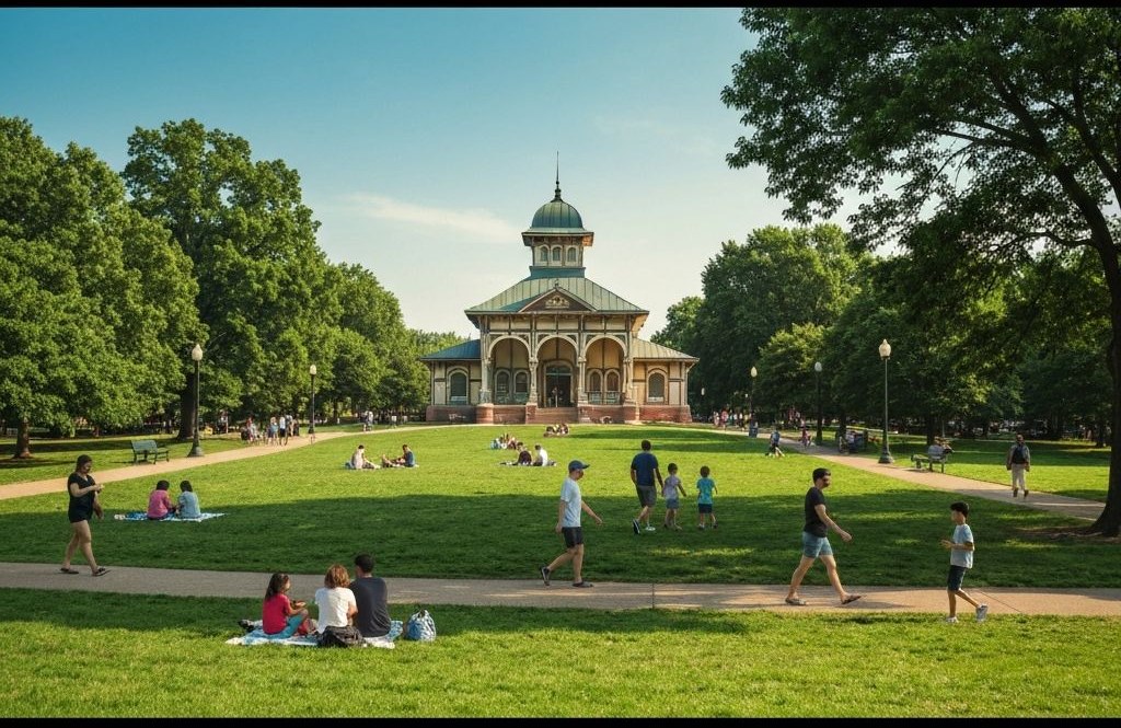 The Turkish Pavilion at Tower Grove Park on a summer afternoon, with people on the lawn